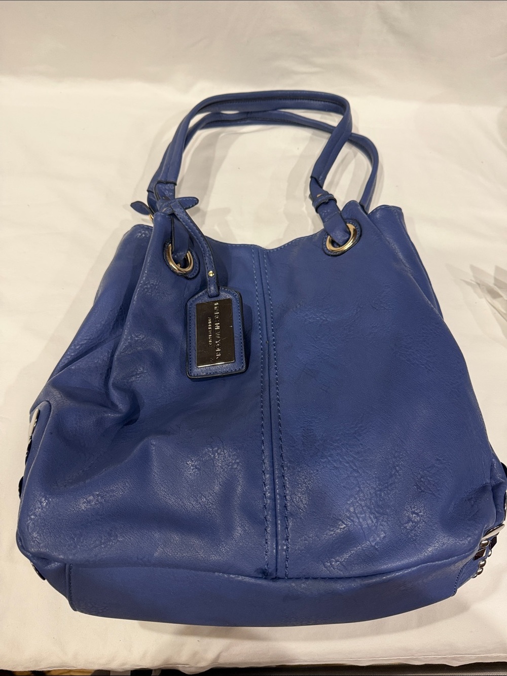 Blue Leather Tote with Logo Tag by Marc Fisher